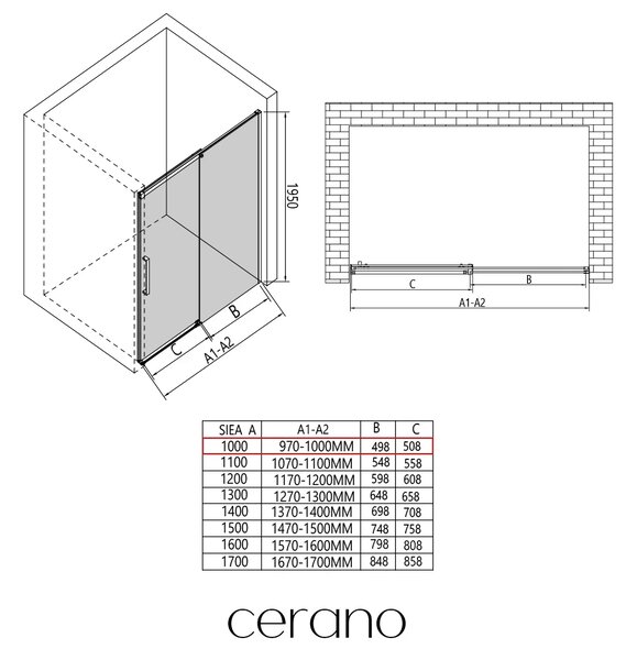 CERANO - Sprchové posuvné dvere Lantono - pravá - 8 mm - Soft-Close - chróm, mliečne sklo - 100x195 cm