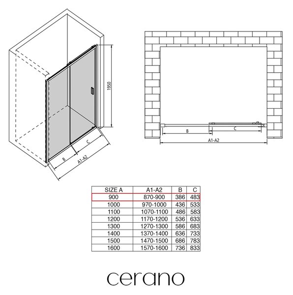 CERANO - Sprchové posuvné dvere Varone LINE Ľ/P - 6 mm - chróm, mliečne sklo - 90x195 cm