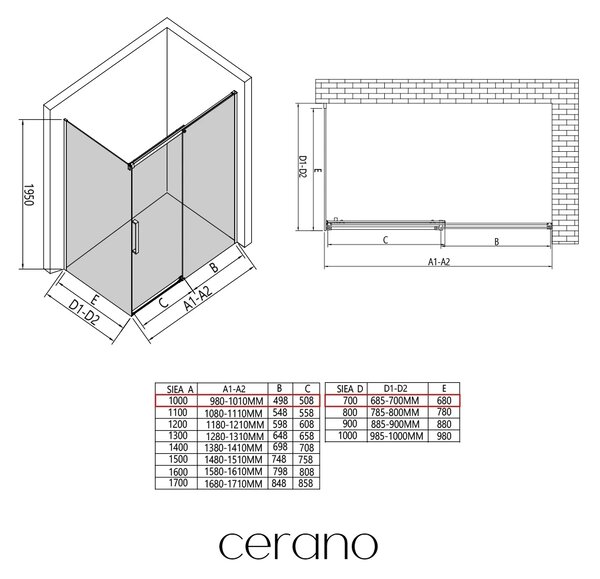 CERANO - Sprchovací kút Lantono - pravá - 8 mm - Soft-Close - čierna matná, mliečne sklo - 100x70 cm - posuvný