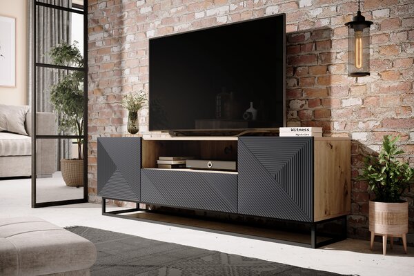 TV stolík Asha 167 cm so zásuvkou a kovovou podnožou - artisan / rivier stone mat