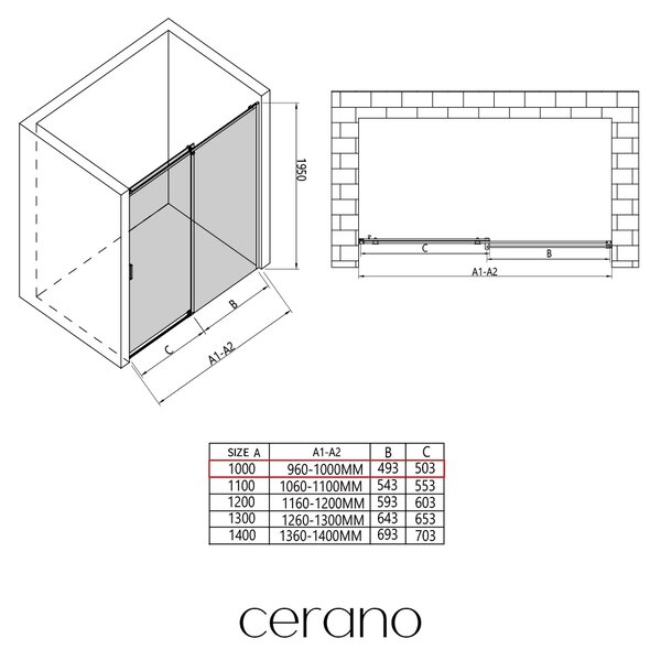 CERANO - Sprchové posuvné dvere Santoro - pravá - 6 mm - čierna matná, mliečne sklo - 100x195 cm