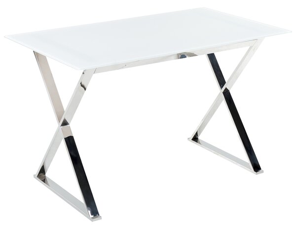 Jedálenský stôl biela doska z tvrdeného skla 120 x 70 cm strieborné kovové nohy lesklý povrch obdĺžnikový glamour