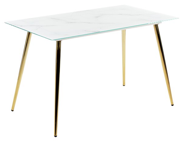 Jedálenský stôl biely mramorový efekt doska z tvrdeného skla 120 x 70 cm zlaté kovové nohy lesklý povrch obdĺžnikový glamour