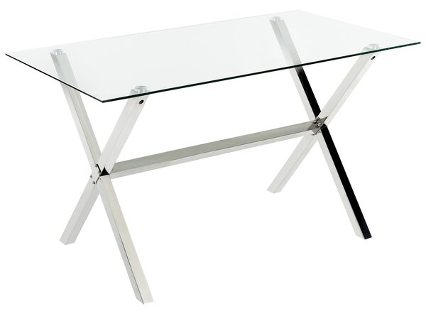 Jedálenský stôl priehľadná doska z tvrdeného skla 130 x 70 cm strieborné kovové nohy lesklý povrch obdĺžnikový glamour