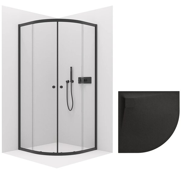 CERANO - Sprchovací kút Orso L/P 5 mm - R550 - čierna matná + CERANO - Sprchová vanička Quarto - R550 - štruktúrovaná čierna matná - 80x80 cm