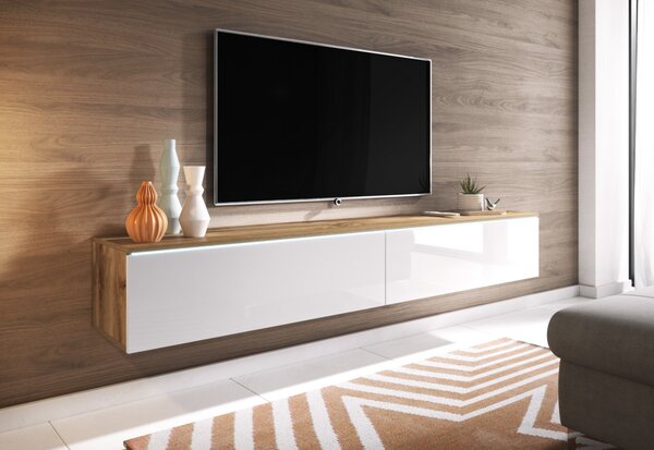 TV stolík LOWBOARD D 180, 180x30x32, dub wotan/biela lesk + LED