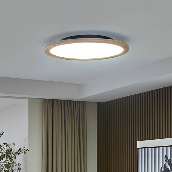 Stropné svietidlo Lucande LED Joren, Ø 48 cm, drevo, diaľkové, Svetlé drevo, Obývacia izba / jedáleň, Drevo, Vidiecky / Rustikálny, Závesné svietidlo