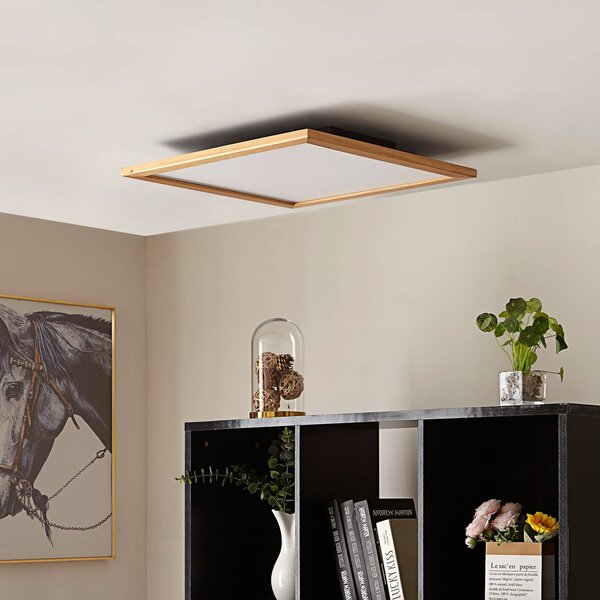 Stropné svietidlo Lucande LED Joren, 52 cm, drevo, diaľkové ovládanie, Svetlé drevo, Obývacia izba / jedáleň, Drevo, Vidiecky / Rustikálny, Stropné svetlo