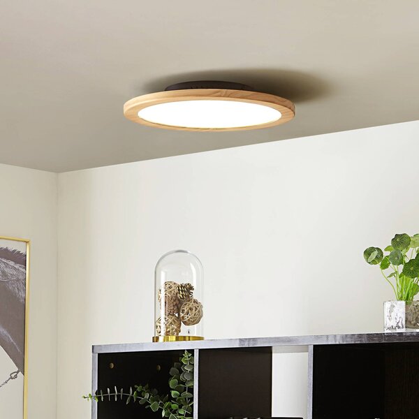 Stropné svietidlo Lucande LED Joren, Ø 38 cm, drevo, diaľkové, Svetlé drevo, Obývacia izba / jedáleň, Drevo, Vidiecky / Rustikálny, Závesné svietidlo
