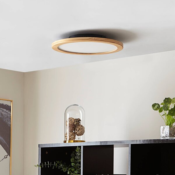 Stropné svietidlo Lucande LED Joren, Ø 38 cm, drevo, diaľkové, Svetlé drevo, Obývacia izba / jedáleň, Drevo, Vidiecky / Rustikálny, Závesné svietidlo
