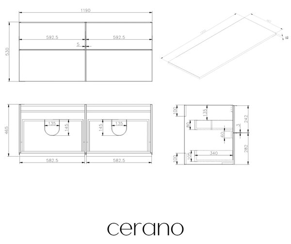 CERANO - Kúpeľňová skrinka Velora - čierna matná, úchytka čierna + doska z lit. mramoru Elanys - 12 mm - biela matná - 120x54,2x46,5 cm