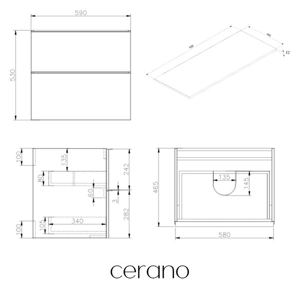 CERANO - Kúpeľňová skrinka Velora - dub medový, úchytka zlatá + doska z lit. mramoru Elanys - 12 mm - biela matná - 60x54,2x46,5 cm