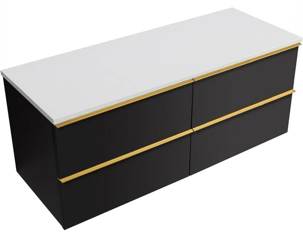 CERANO - Kúpeľňová skrinka Velora - čierna matná, úchytka zlatá + doska z lit. mramoru Elanys - 12 mm - biela matná - 120x54,2x46,5 cm
