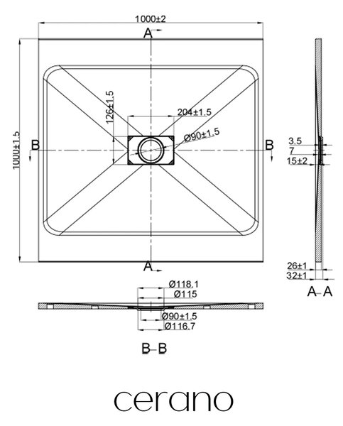 CERANO - Sprchová vanička štvorcová FlexiCut - SMC/minerálny kompozit - upraviteľná - čierna matná - 100x100x3 cm