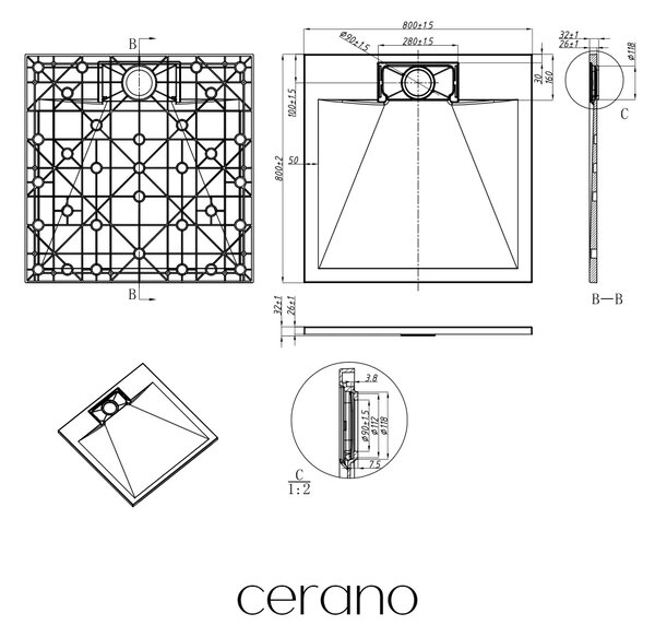 CERANO - Sprchová vanička štvorcová Enzo - SMC/minerálny kompozit - štruktúrovaná čierna matná - 80x80x3 cm
