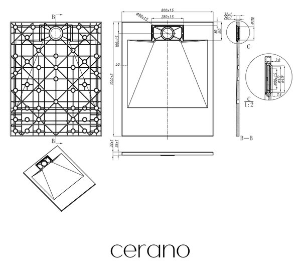 CERANO - Sprchová vanička obdĺžniková Enzo - SMC/minerálny kompozit - štruktúrovaná čierna matná - 100x80x3 cm