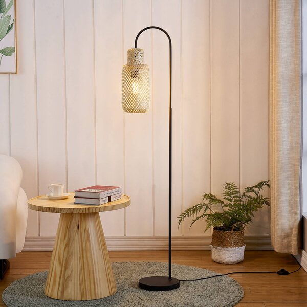 Stojacia lampa Lindby Venora, výška 145 cm, bambus, E27, Čierna, Obývacia izba / jedáleň, kov, Stojaca lampa