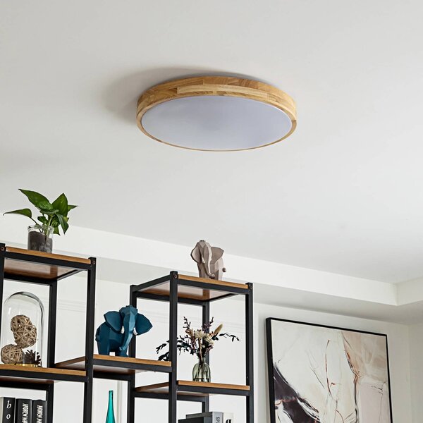 Lindby Smart LED stropné svietidlo Innes wood Ø51cm RGB Tuya, Svetlé drevo, Obývacia izba / jedáleň, Drevo, Moderný, Závesné svietidlo