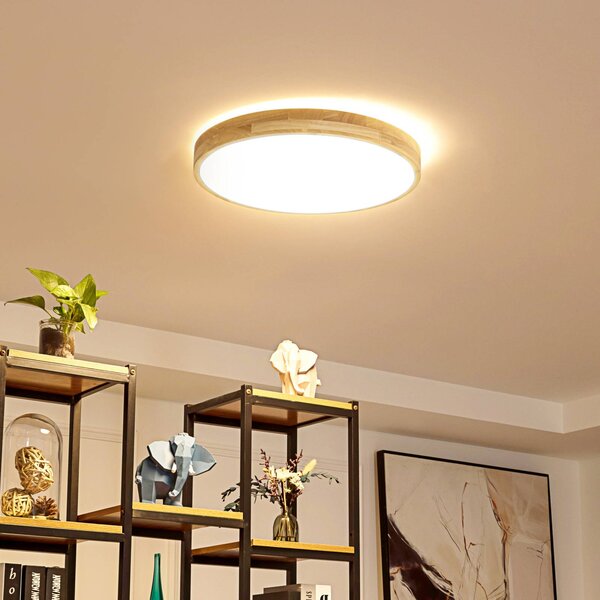 Lindby Smart LED stropné svietidlo Innes wood Ø51cm RGB Tuya, Svetlé drevo, Obývacia izba / jedáleň, Drevo, Moderný, Závesné svietidlo