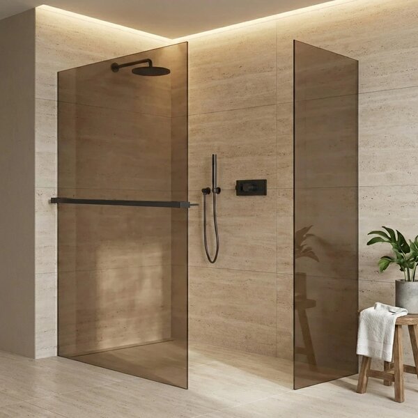 CERANO - Sprchová zástena Walk-in Crystal TL/P - 8 mm - bezvzperový systém + polička/držiak na uteráky - čierna matná, bronzové sklo - 50x50x200 cm