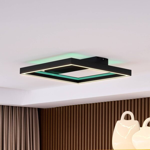 Lucande Smart LED stropné svietidlo Tjado, 50 cm, čierna, RGBW, Čierna, Obývacia izba / jedáleň, kov, Moderný, Stropné svetlo
