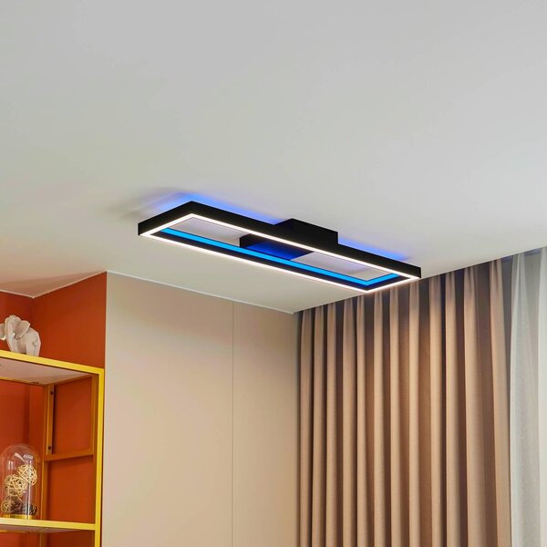 Lucande Smart LED stropné svietidlo Tjado, 100 cm, čierna, RGBW, Čierna, Obývacia izba / jedáleň, kov, Moderný, Stropné svetlo