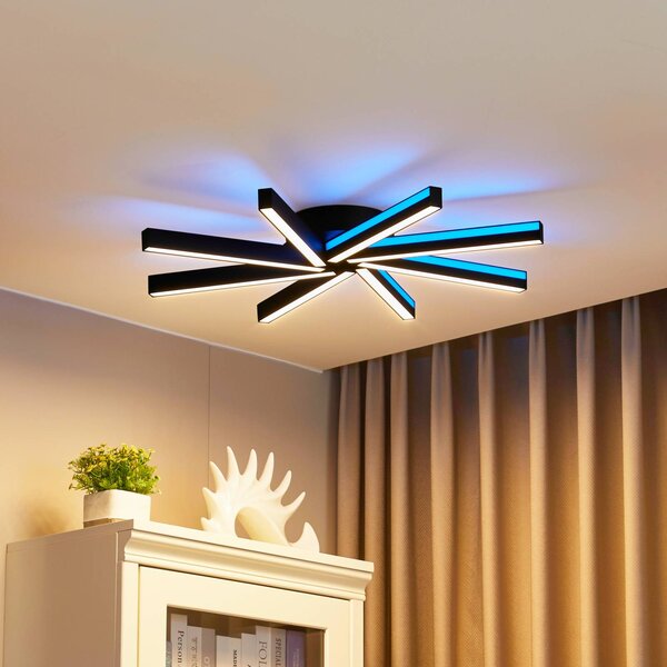 Lucande Smart stropné LED svetlo Tjado, Ø70 cm, čierne, RGBW, Čierna, Obývacia izba / jedáleň, kov, Moderný, Stropné svetlo