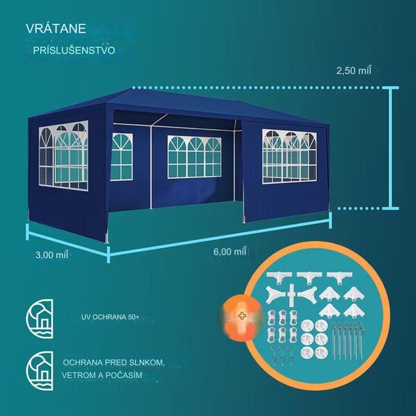Párty stan Rimini 3x6 m - bočné steny + oblúkové okná - modrá