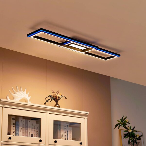 Lucande Smart LED stropné svietidlo Tjado 115 cm čierne RGB, Čierna, Obývacia izba / jedáleň, kov, Moderný, Stropné svetlo