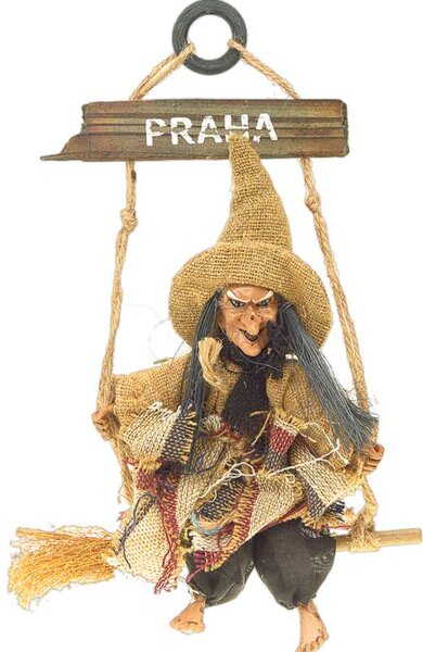 Bosorka na metle Praha 25cm (dekorácia do bytu čarodejnica)