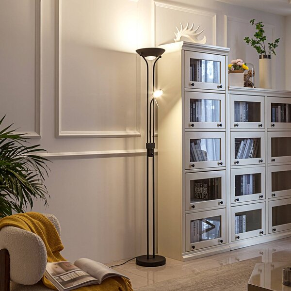 Lindby LED stojacia lampa Josefin, čierna, svetlo na čítanie, stmievateľná, Čierna, Obývacia izba / jedáleň, kov, Moderný, Zemné bodové svetlo