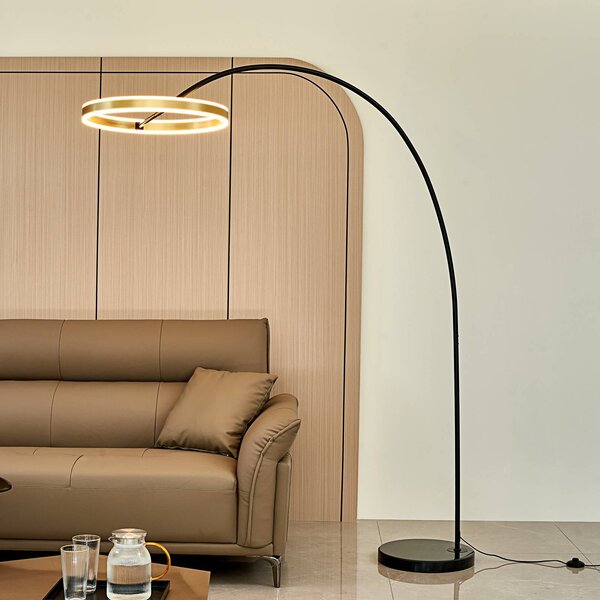 Lucande LED oblúková lampa Yekta, mosadzná farba, 183 cm, stmievateľná, Čierna, Obývacia izba / jedáleň, kov, Dizajn, Oblúková stojaca lampa