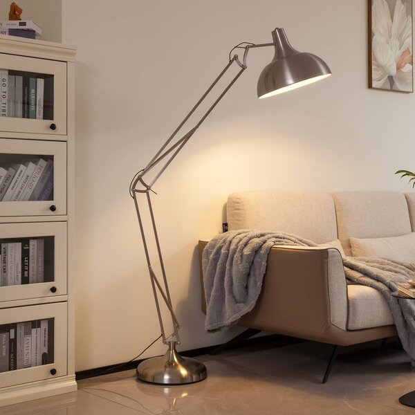 Stojacia lampa Lindby Leia, strieborná, kov, 180 cm, otočná, E27, Chrómová / strieborná, Obývacia izba / jedáleň, kov, Moderný, Stojaca lampa