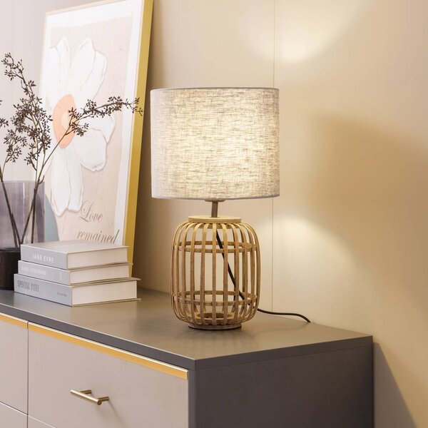 Lindby Stolná lampa Marzanna, sivá, bambus, 42,5 cm, E27, Svetlé drevo, Obývacia izba / jedáleň, Textil / látka / hodváb, Vidiecky / Rustikálny