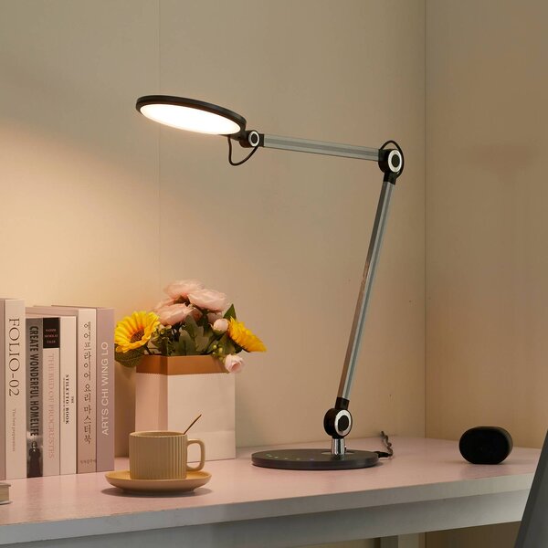 Stolná LED lampa Lindby Nyxaris, sivá, kov, 50 cm, Hliník / sivá / zinok, Pracovňa / Kancelária, Plast, Moderný, Stolová lampa