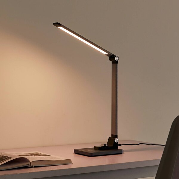 Lindby Stolná LED lampa Valtaris, sivá, hliník, stmievateľná, Hliník / sivá / zinok, Pracovňa / Kancelária, Plast, Moderný, Stolová lampa
