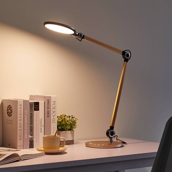 Stolná LED lampa Lindby Nyxaris, zlatá, kov, 50 cm, Mosadz / zlato, Pracovňa / Kancelária, Plast, Moderný, Stolová lampa