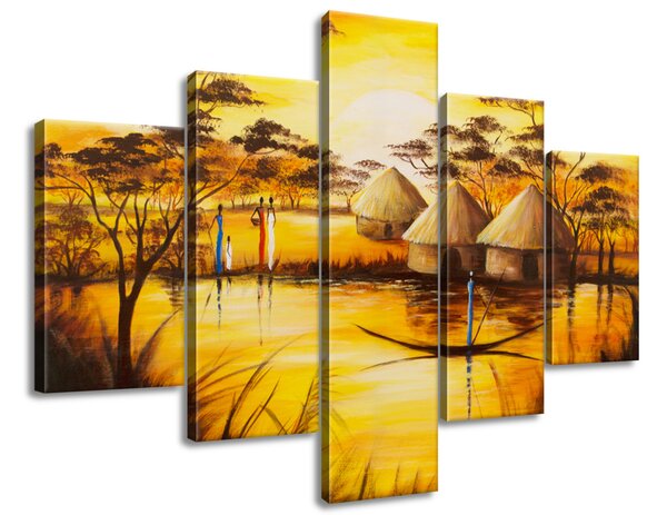 Ručne maľovaný obraz Africká dedina - 5 dielny Rozmery: 100 x 70 cm