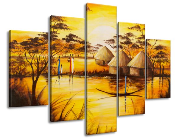 Ručne maľovaný obraz Africká dedina - 5 dielny Rozmery: 150 x 105 cm
