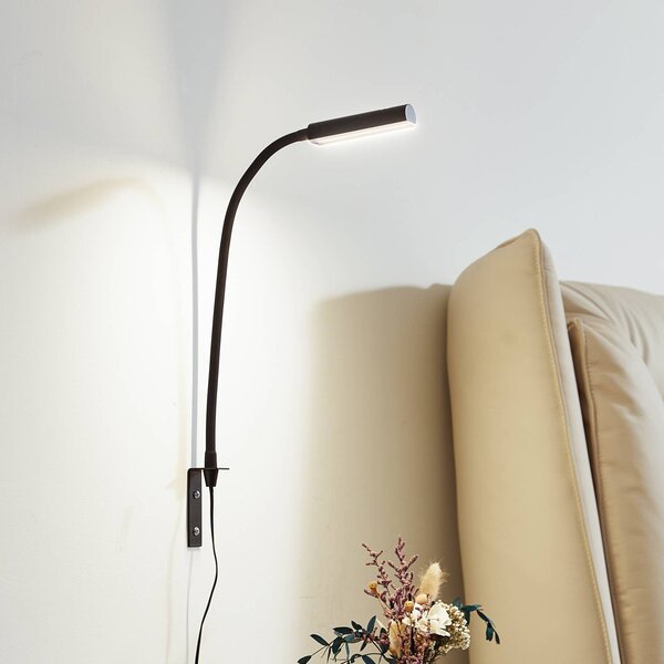 Lindby LED lampa na čítanie Flexola, čierna, hranatá, zástrčka, Čierna, Spálňa, kov, Svetlo na čítanie