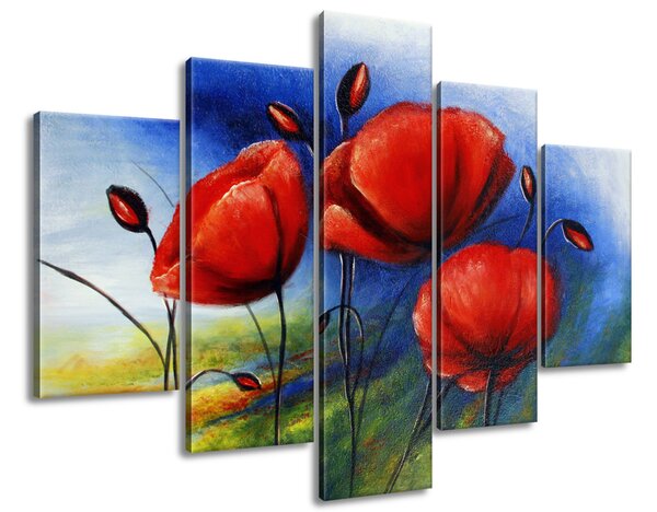 Ručne maľovaný obraz Veselé maky - 5 dielny Rozmery: 150 x 105 cm