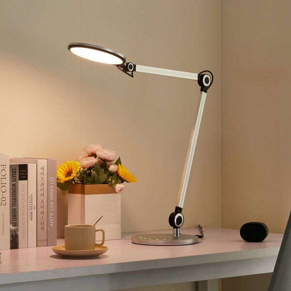 Stolná LED lampa Lindby Nyxaris, strieborná, kov, 50 cm, Hliník / sivá / zinok, Pracovňa / Kancelária, Plast, Moderný, Stolová lampa