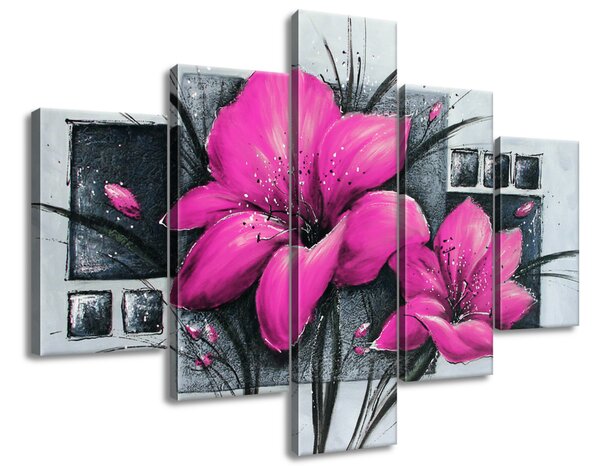 Ručne maľovaný obraz Nádherné ružové Vlčie maky - 5 dielny Rozmery: 100 x 70 cm