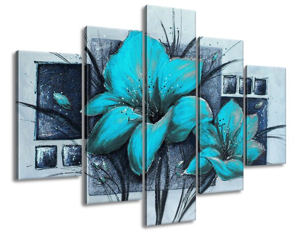 Ručne maľovaný obraz Nádherné modré Vlčie maky - 5 dielny Rozmery: 150 x 105 cm