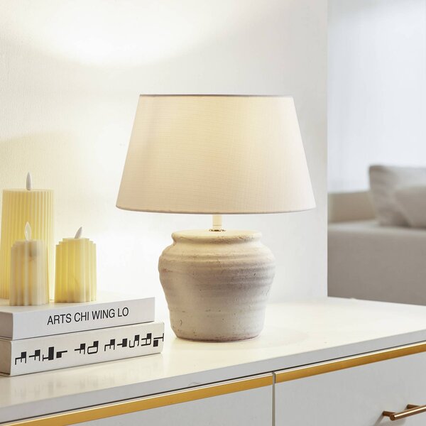 Lindby Stolná lampa Aelith, Ø 30 cm, biela, keramika, E27, Biela / opálová, Obývacia izba / jedáleň, Textil / látka / hodváb, Vidiecky / Rustikálny, Stojacie svietidlo