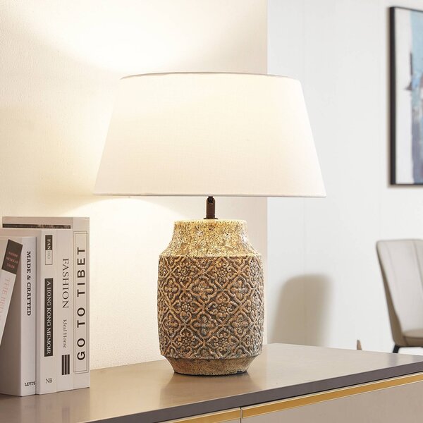 Stolná lampa Lindby Aelith, Ø 40 cm, hnedá, keramika, E27, Hliník / sivá / zinok, Obývacia izba / jedáleň, Textil / látka / hodváb, Vidiecky / Rustikálny, Stojacie svietidlo