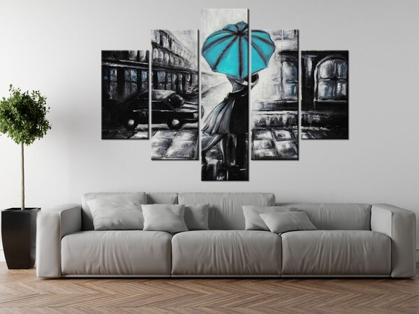 Ručne maľovaný obraz Tyrkysový bozk v daždi - 5 dielny Rozmery: 150 x 70 cm