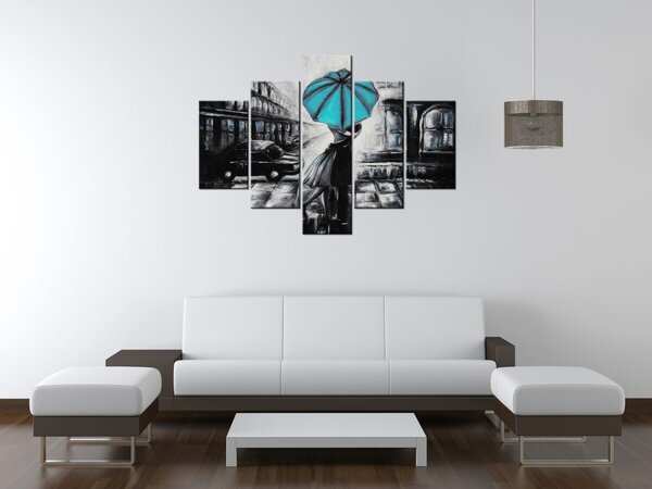 Ručne maľovaný obraz Tyrkysový bozk v daždi - 5 dielny Rozmery: 150 x 70 cm
