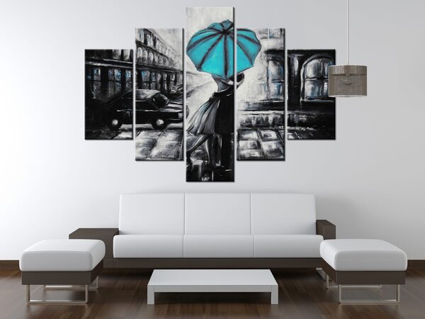 Ručne maľovaný obraz Tyrkysový bozk v daždi - 5 dielny Rozmery: 150 x 70 cm