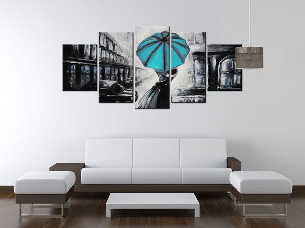 Ručne maľovaný obraz Tyrkysový bozk v daždi - 5 dielny Rozmery: 150 x 70 cm